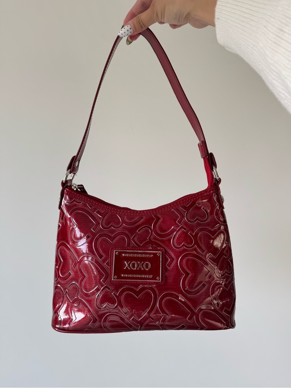 XOXO Deep Red Patent Heart-Embossed Shoulder Bag